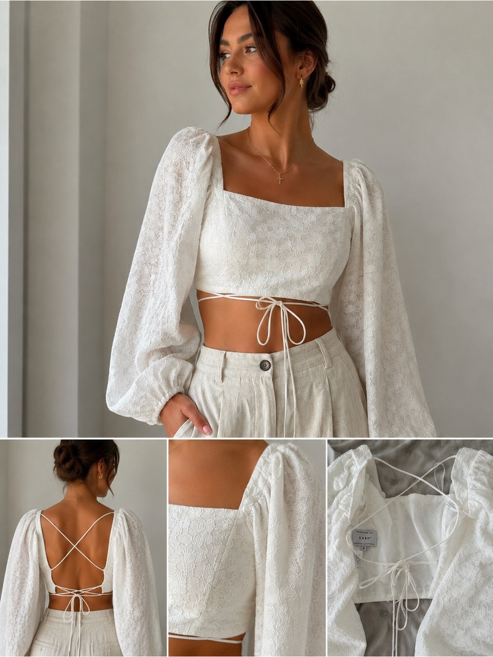 Sabo White Lace Puff-Sleeve Crop Top